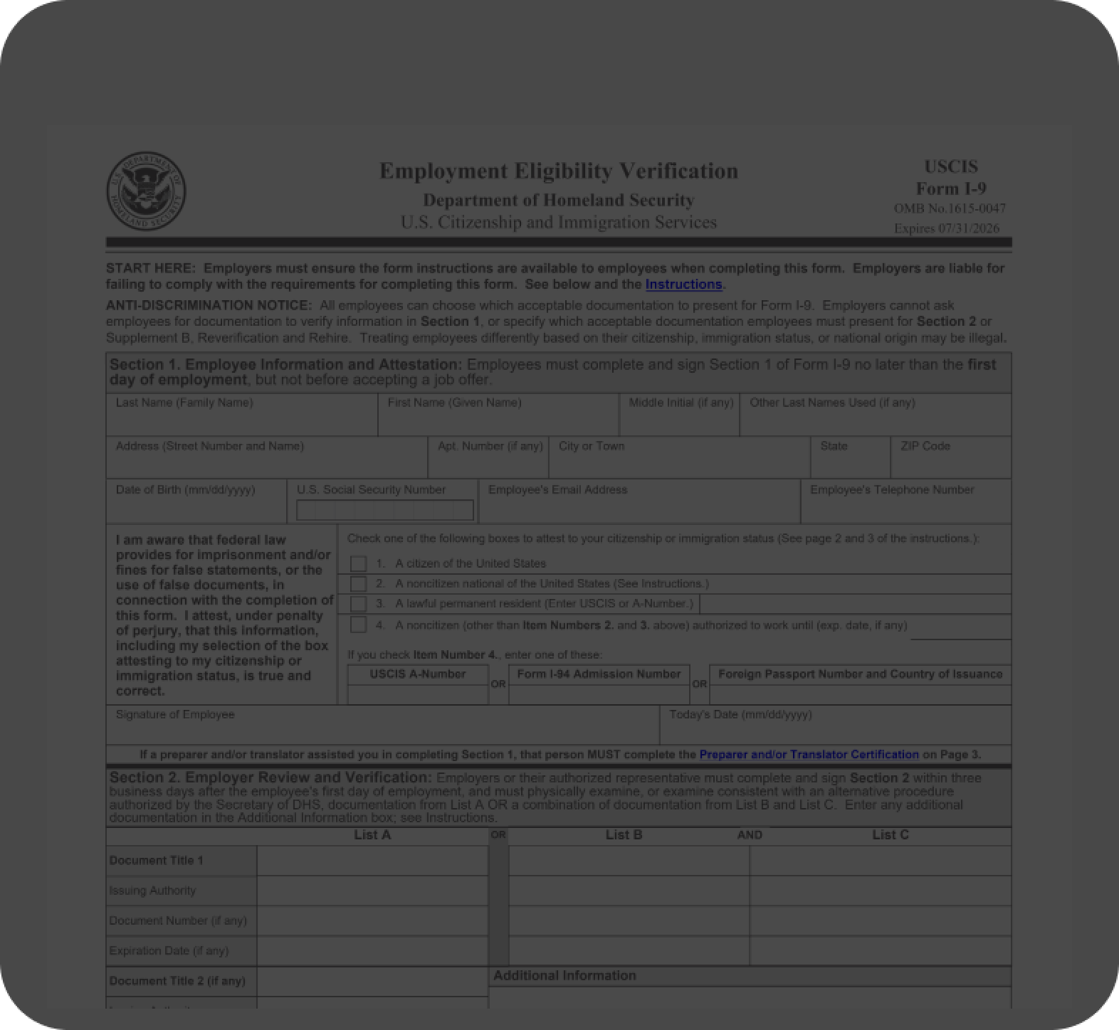 Fillable I9 Form for Employment Eligibility Verification PDF Master