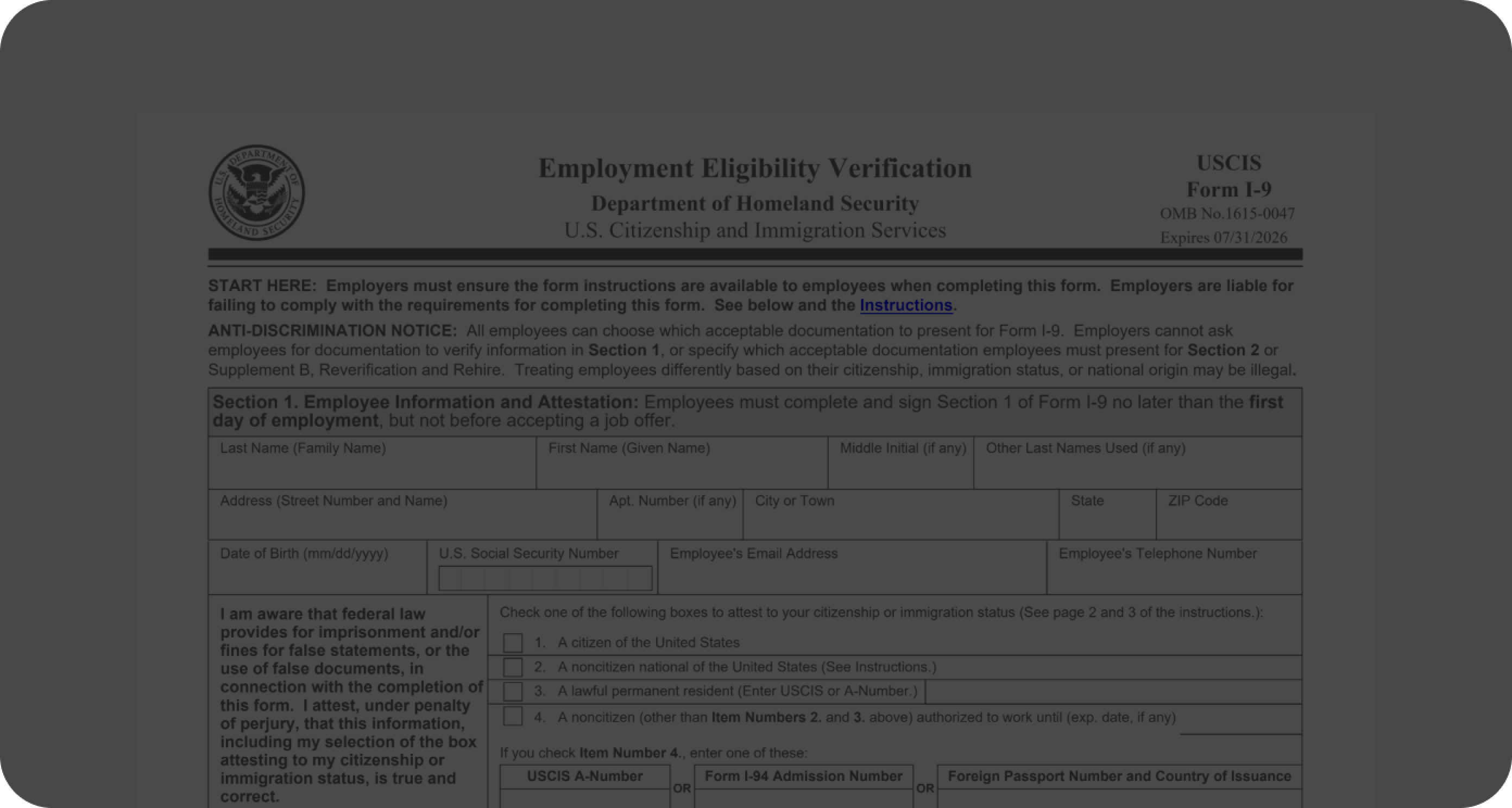 Fillable I9 Form for Employment Eligibility Verification PDF Master